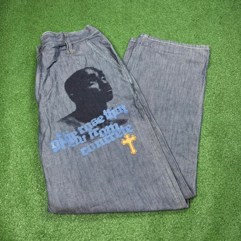 Makaveli Tupac Baggy Jeans Hip Hop Y2K 40x34 Wide Leg Cross Patch Chrome Style